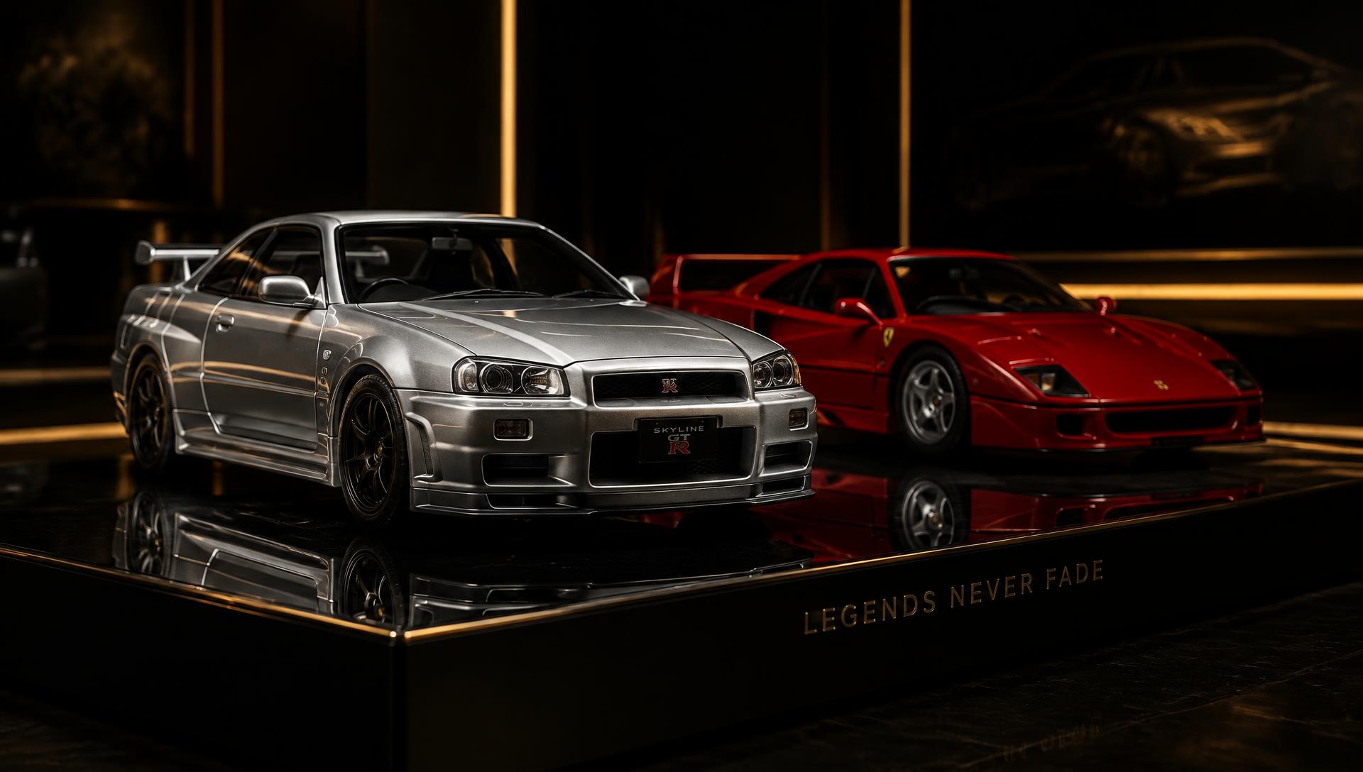 Premium diecast model cars in a dark luxury studio
